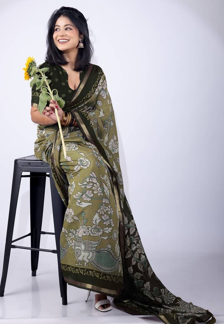 Women's green floral print viscose cotton saree with unstitched piece