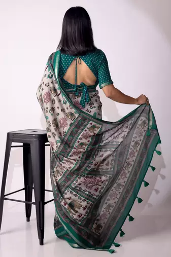 Women's grey floral print viscose cotton saree with unstitched piece