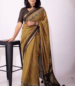 women's mustard floral block print viscose saree with unstitched piece