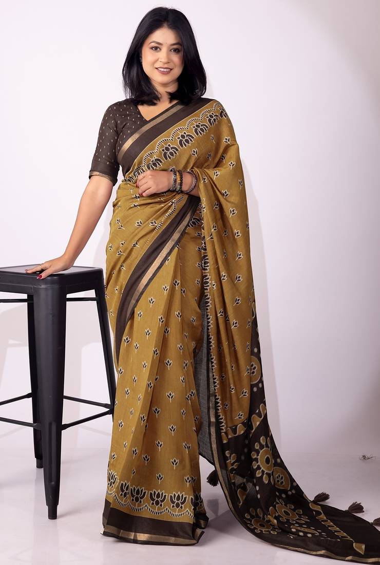women's mustard floral block print viscose saree with unstitched piece