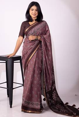 Women's magenta floral,block print viscose cotton saree with unstitched piece 1
