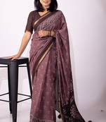 Women's magenta floral,block print viscose cotton saree with unstitched piece