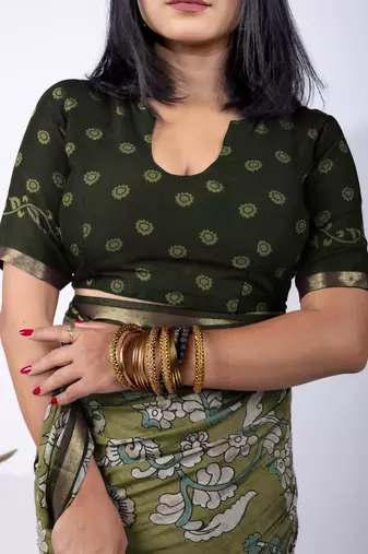 Women's green floral print viscose cotton saree with unstitched piece