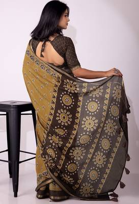 women's mustard floral block print viscose saree with unstitched piece 4