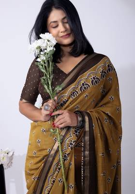 women's mustard floral block print viscose saree with unstitched piece 5