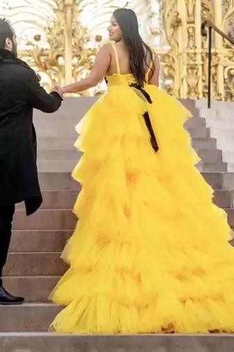 Elegant Yellow Tiered Ruffle Gown – Luxury Party & Evening Wear Dress