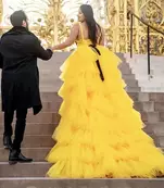 Elegant Yellow Tiered Ruffle Gown – Luxury Party & Evening Wear Dress