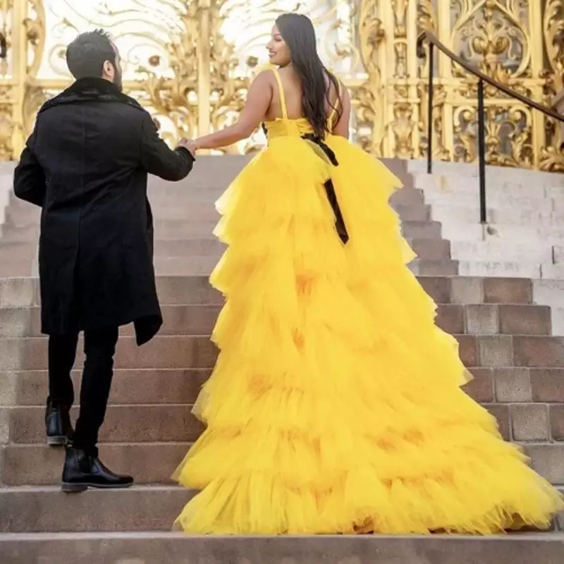 Elegant Yellow Tiered Ruffle Gown – Luxury Party & Evening Wear Dress