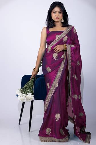 Women's magenta embellished soft silk blend saree with unstitched piece