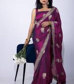 Women's magenta embellished soft silk blend saree with unstitched piece