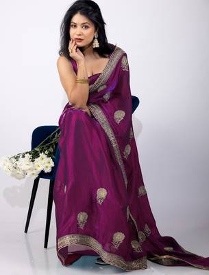 Women's magenta embellished soft silk blend saree with unstitched piece 2