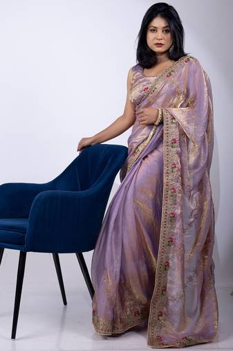 Women's lavender embellished soft silk blend saree with unstitched piece