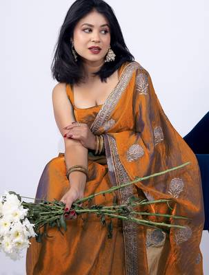 Women's orange embellished soft silk blend saree with unstitched piece 2