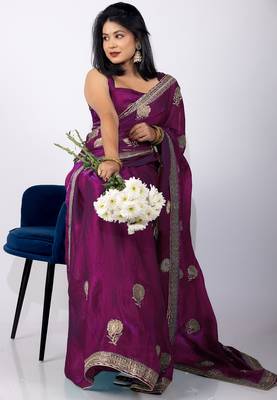 Women's magenta embellished soft silk blend saree with unstitched piece 4
