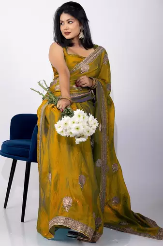 Women's mustard embellished soft silk blend saree with unstitched piece