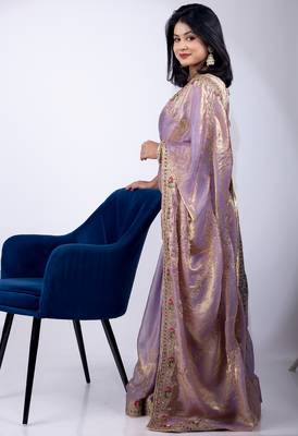 Women's lavender embellished soft silk blend saree with unstitched piece 2