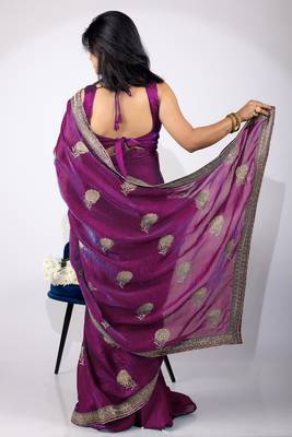 Women's magenta embellished soft silk blend saree with unstitched piece 5