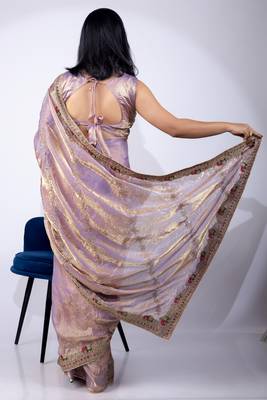 Women's lavender embellished soft silk blend saree with unstitched piece 3