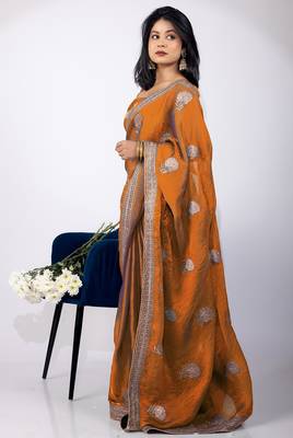 Women's orange embellished soft silk blend saree with unstitched piece 5