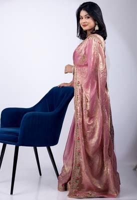 Women's pink embellished soft silk blend saree with unstitched piece 3