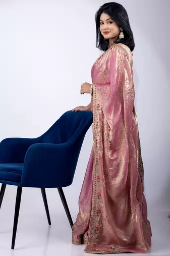 Women's pink embellished soft silk blend saree with unstitched piece