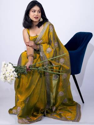 Women's mustard embellished soft silk blend saree with unstitched piece 4