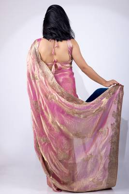 Women's pink embellished soft silk blend saree with unstitched piece 4