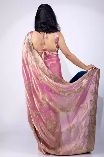 Women's pink embellished soft silk blend saree with unstitched piece