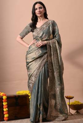 Women's turquoise embellished soft silk blend saree with unstitched piece 1
