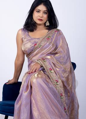 Women's lavender embellished soft silk blend saree with unstitched piece 5