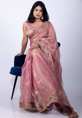 Women's pink embellished soft silk blend saree with unstitched piece 5