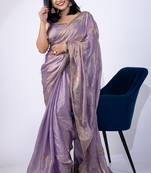 Women's lavender embellished soft silk blend saree with unstitched piece
