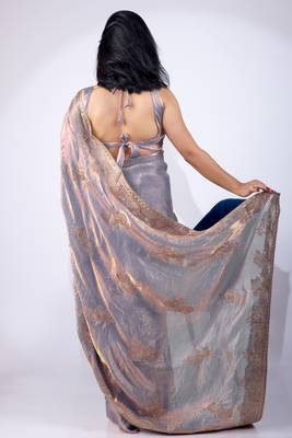 Women's blue embellished soft silk blend saree with unstitched piece 4
