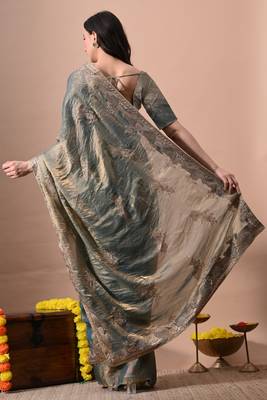 Women's turquoise embellished soft silk blend saree with unstitched piece 3