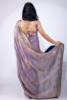 Women's lavender embellished soft silk blend saree with unstitched piece 3