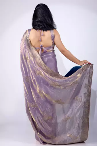 Women's lavender embellished soft silk blend saree with unstitched piece