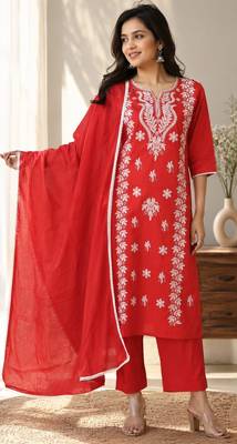 red embroidered cambric cotton straight kurta set 1