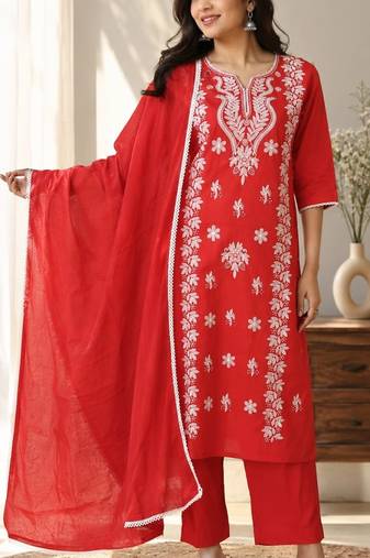 red embroidered cambric cotton straight kurta set