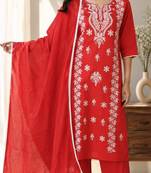 red embroidered cambric cotton straight kurta set