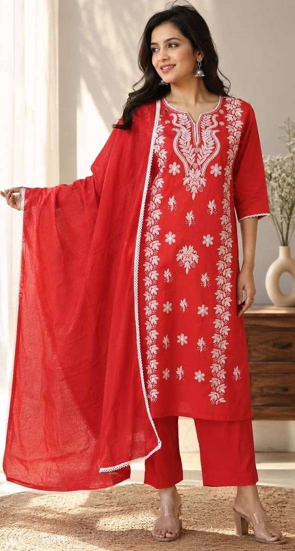 red embroidered cambric cotton straight kurta set
