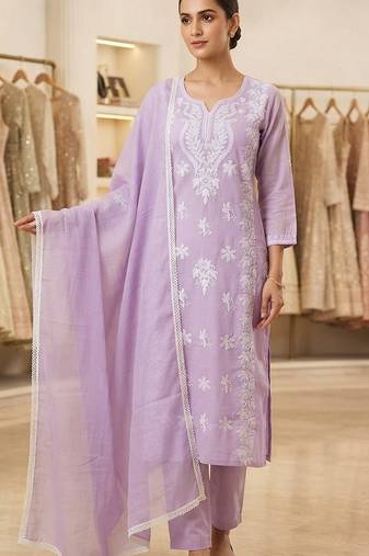 levendar embroidered cambric cotton straight kurta set