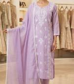 levendar embroidered cambric cotton straight kurta set