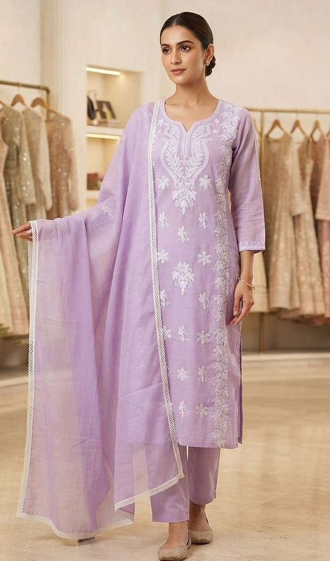 levendar embroidered cambric cotton straight kurta set