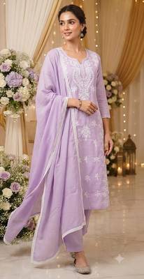 levendar embroidered cambric cotton straight kurta set 3