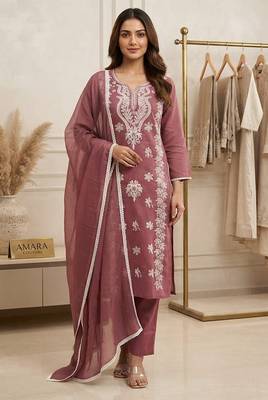 pink embroidered cambric cotton straight kurta set 1