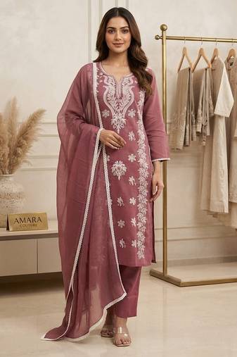 pink embroidered cambric cotton straight kurta set