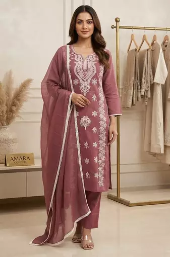 pink embroidered cambric cotton straight kurta set