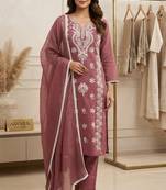 pink embroidered cambric cotton straight kurta set