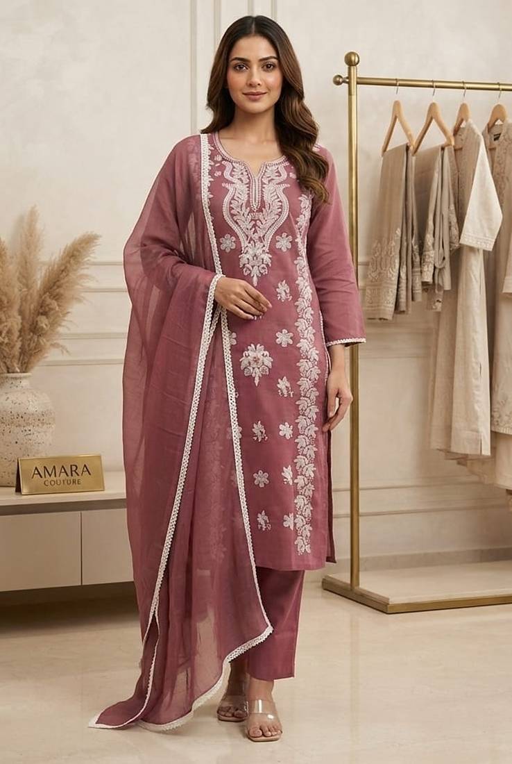 pink embroidered cambric cotton straight kurta set