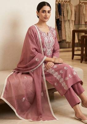 pink embroidered cambric cotton straight kurta set 2